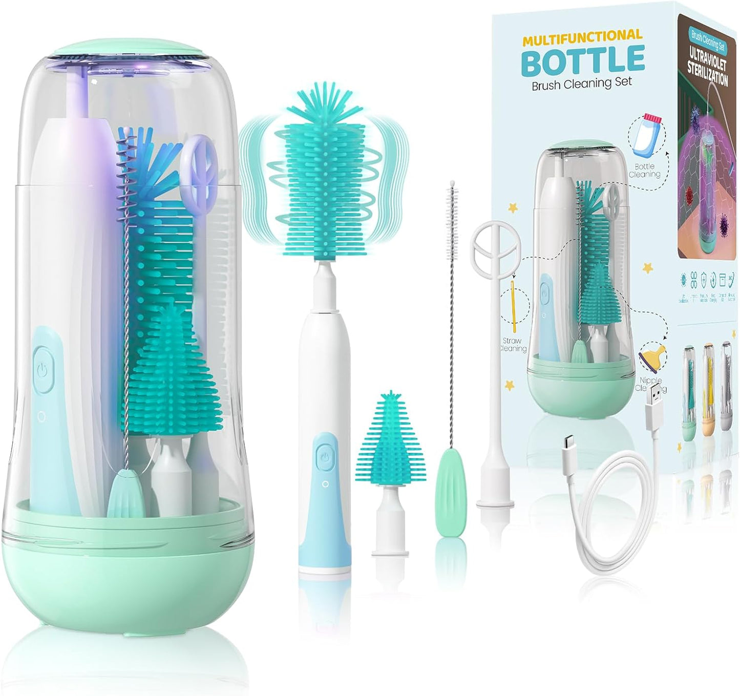 Juego de limpiador de botellas eléctrico, rotación de 360°,