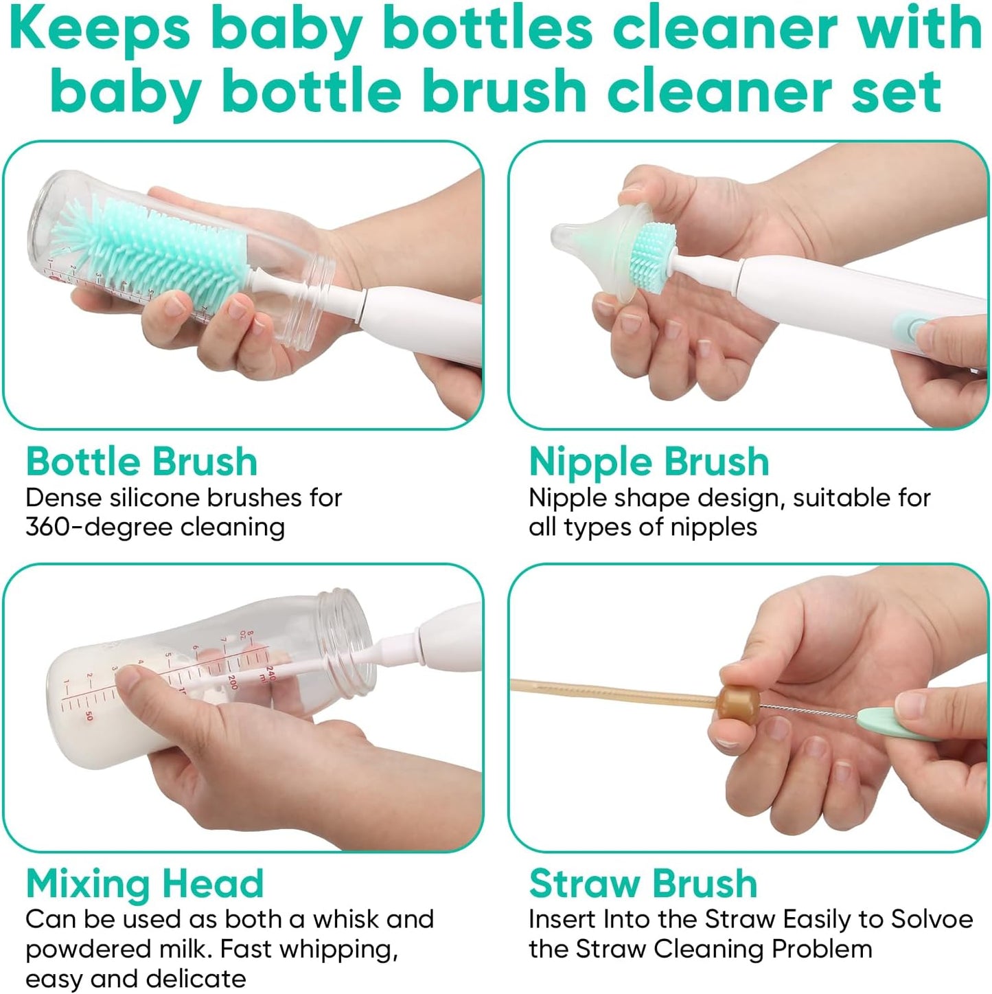 Juego de limpiador de botellas eléctrico, rotación de 360°,