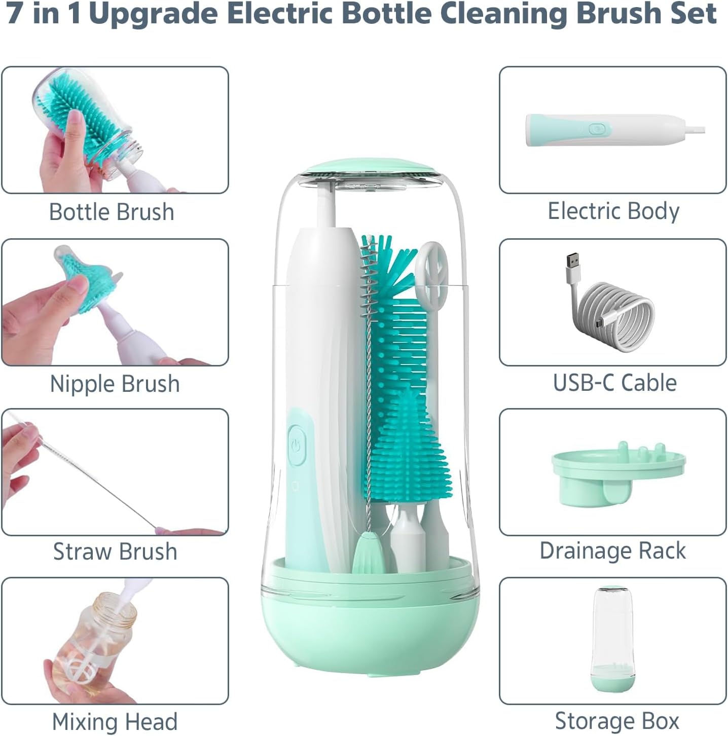 Juego de limpiador de botellas eléctrico, rotación de 360°,
